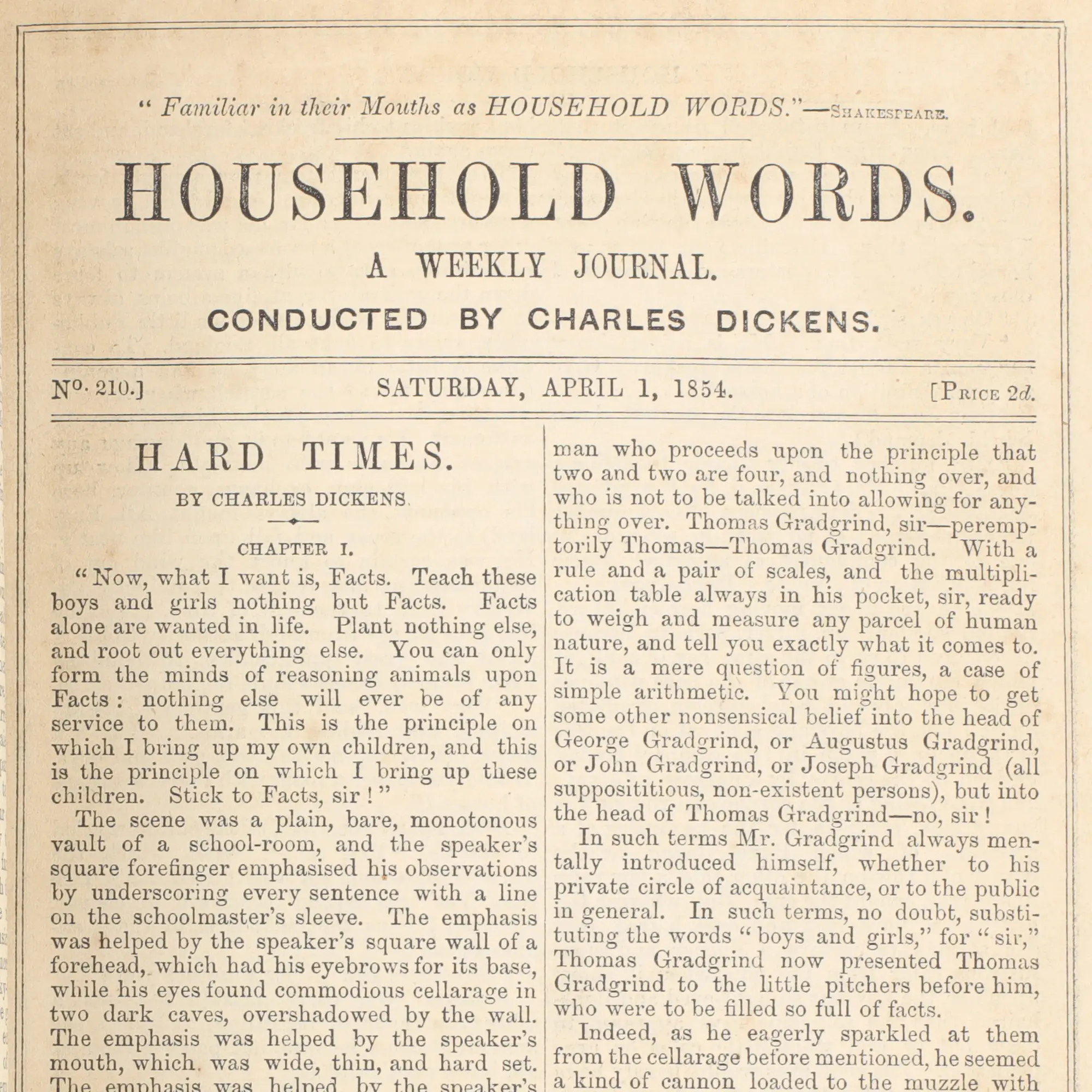 Image of Hard Times appearing in Household Words in 1854