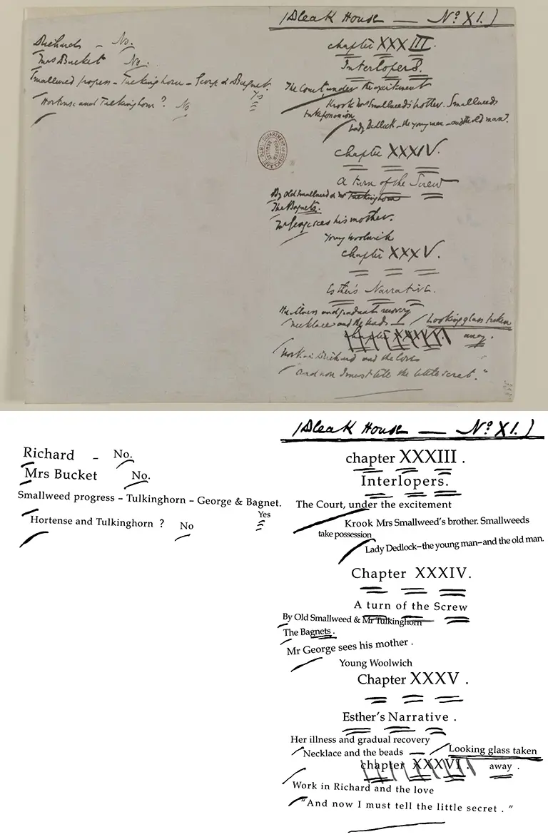 Side-by-side comparison of the image of a Working Note from Bleak House with the DDNP transcription