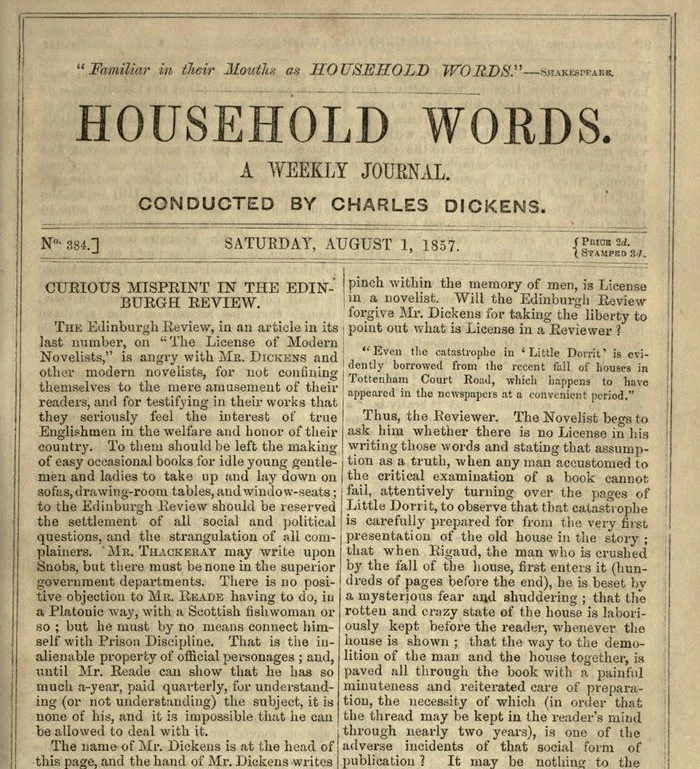 Image of article from Household Words where Dickens responded to a negative review of Little Dorrit